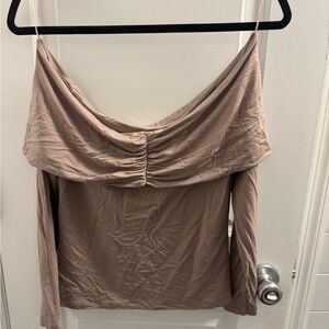 Aritzia Wilfred Off-Shoulder Blouse in Taupe